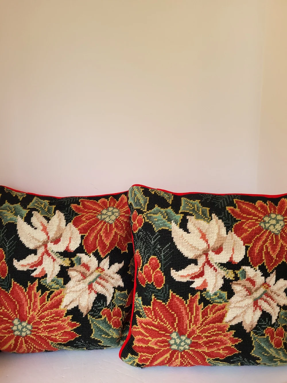 S/2 Vintage imperial elegance needlepoint poinsettia christmas pillows